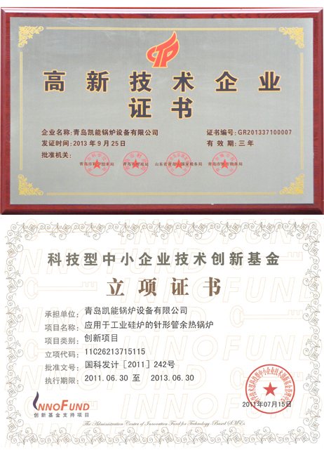 青島凱能鍋爐高新技術(shù)企業(yè)證書、立項證書