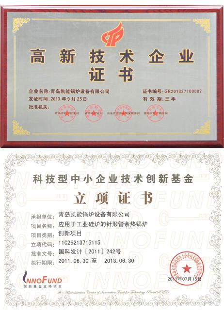 青島凱能鍋爐高新技術(shù)企業(yè)證書、立項(xiàng)證書
